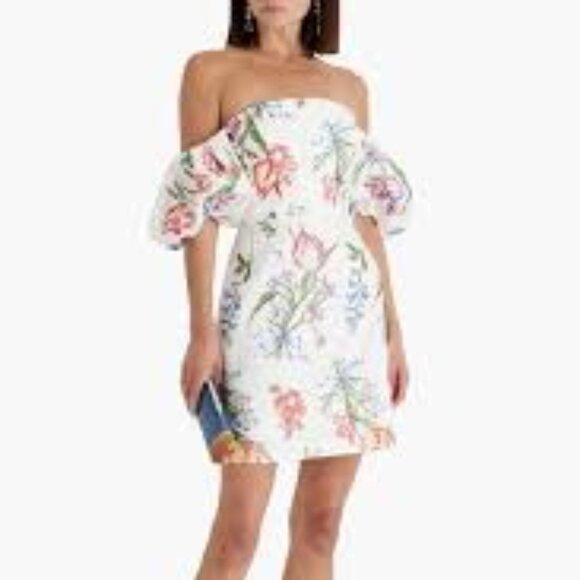 Marchesa Notte embroidered ivory floral puff sleeve Alex off shoulder dress 0 - Picture 2 of 12
